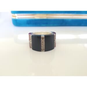 Vintage Onyx Carnelian and Marcasite Sterling Silver Wide Ring Band